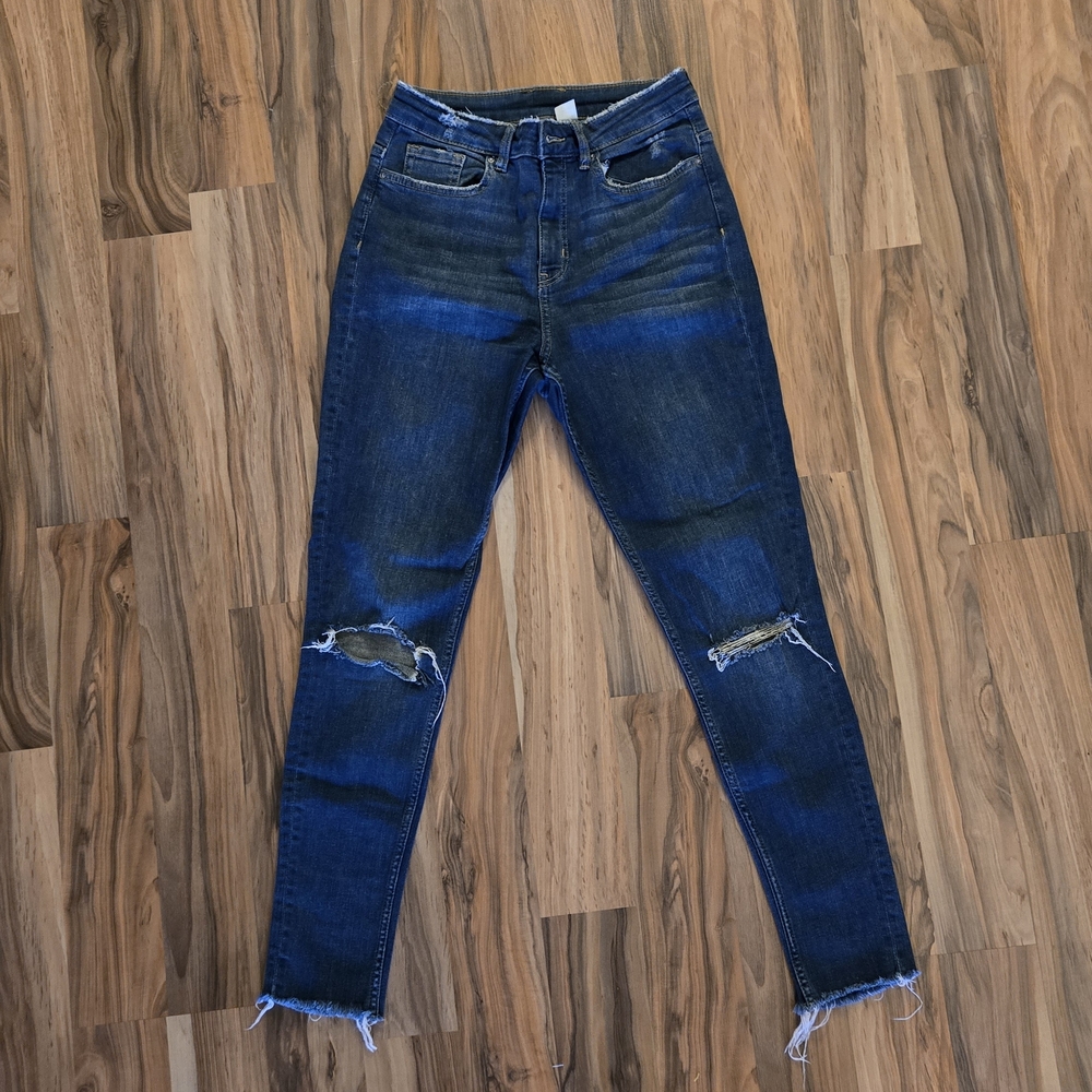 H&M Dark Wash Distressed Skinny Jeans Raw Hem Size 8